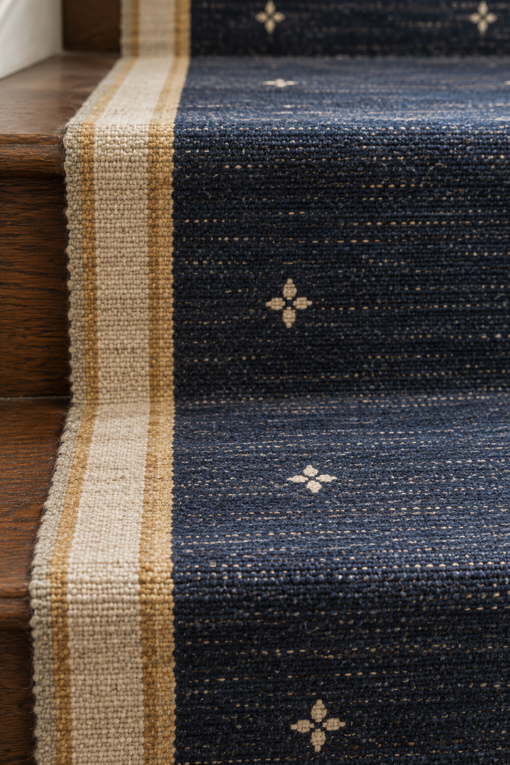 Close-up of navy wool runner with cream side border and small ivory motifs