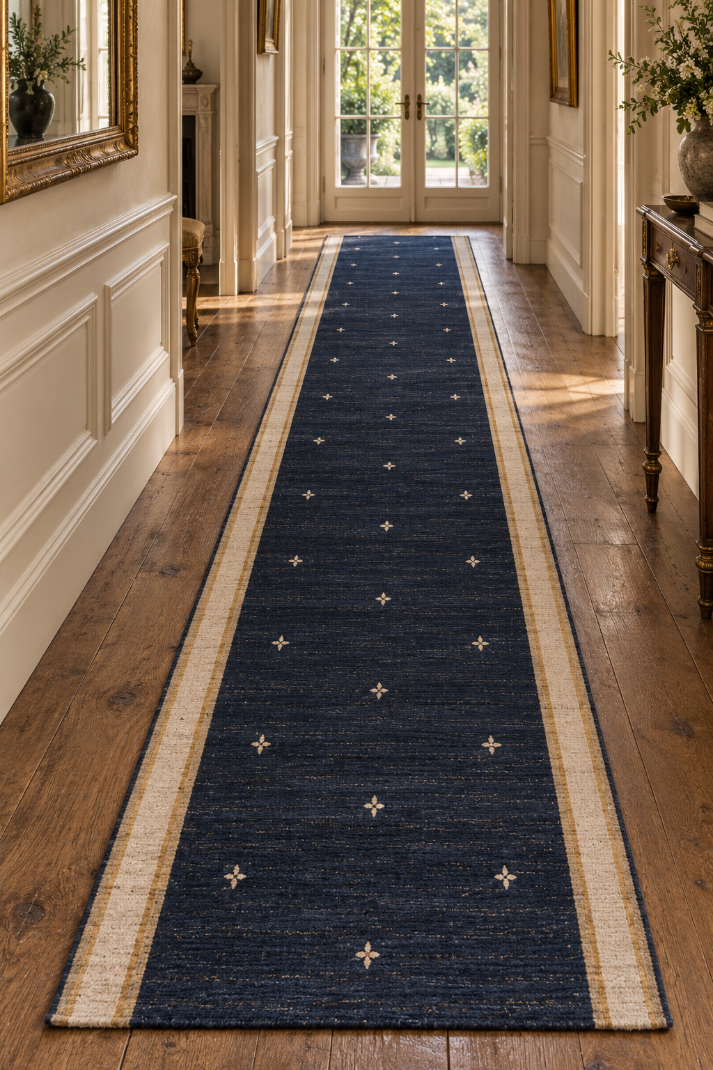 Navy and cream wool kilim hallway runner