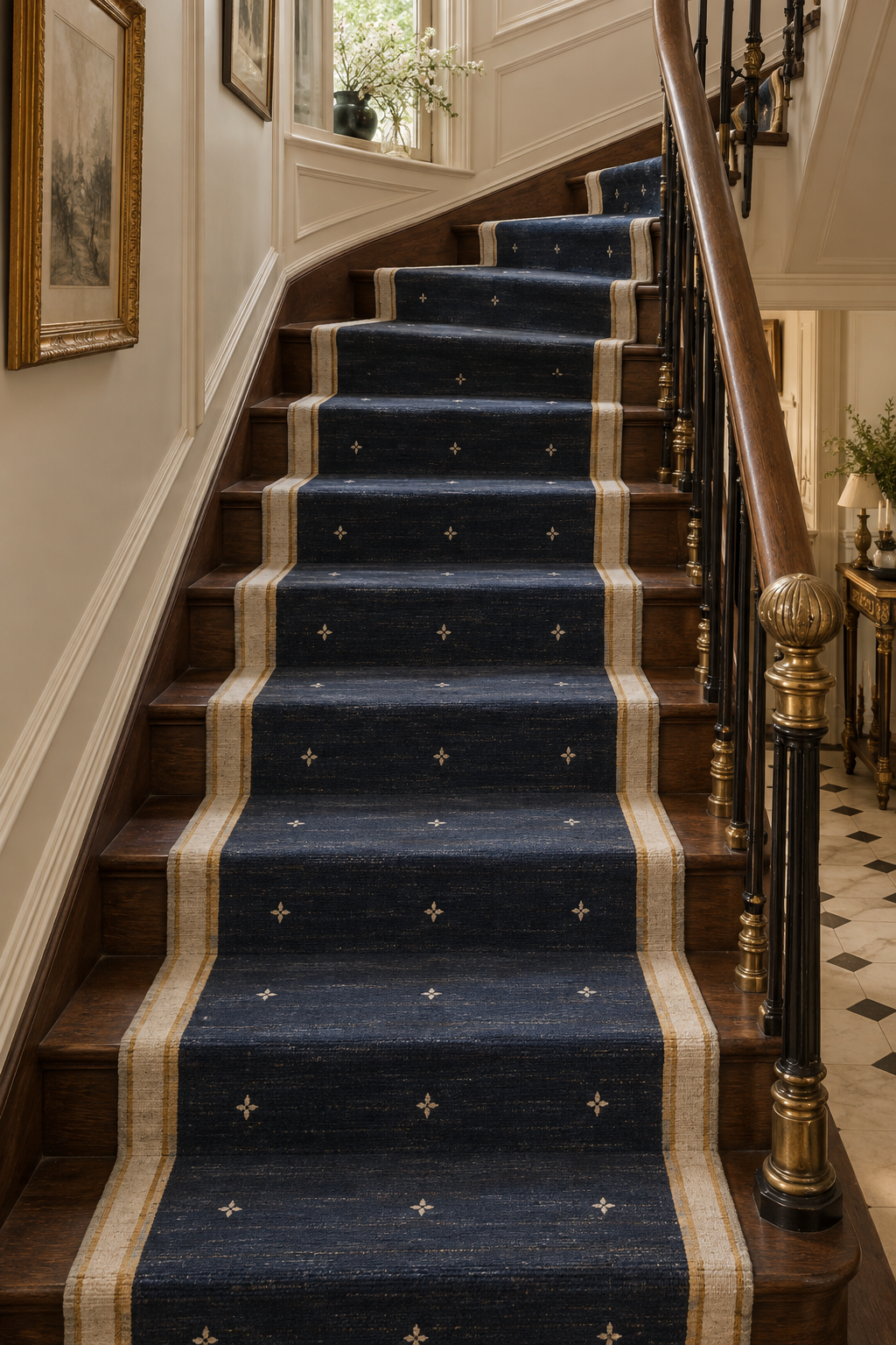 Navy and cream wool stair runner on wooden staircase