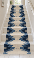 Navy Blue & Ivory geometric wool stair runner on white stairs – front view, no fringes