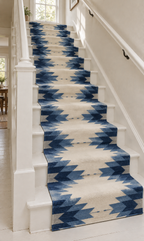 Navy Blue & Ivory geometric wool stair runner on white stairs – side view, no fringes