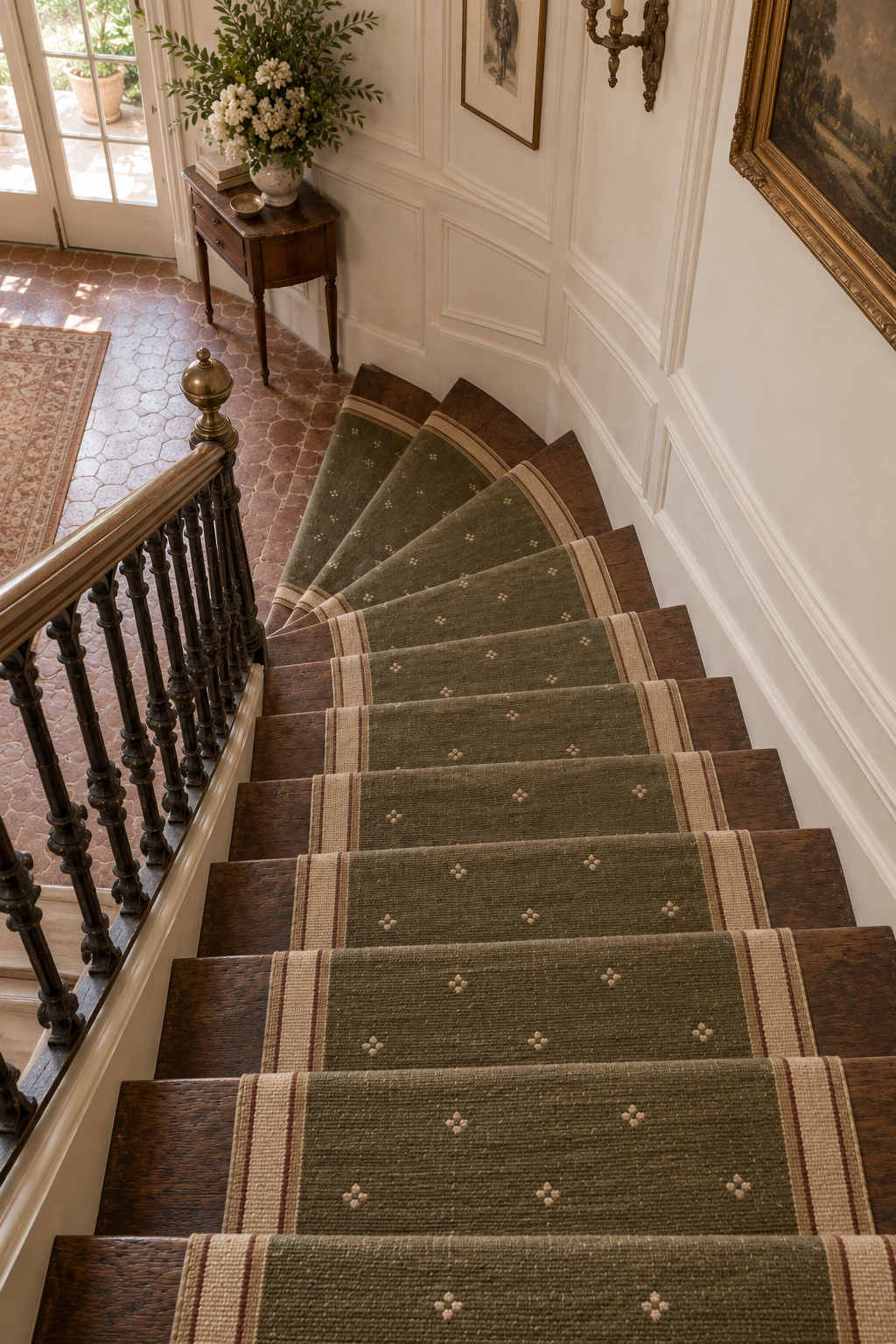 Olive green wool kilim runner with cream motifs and cream striped side borders, angle view