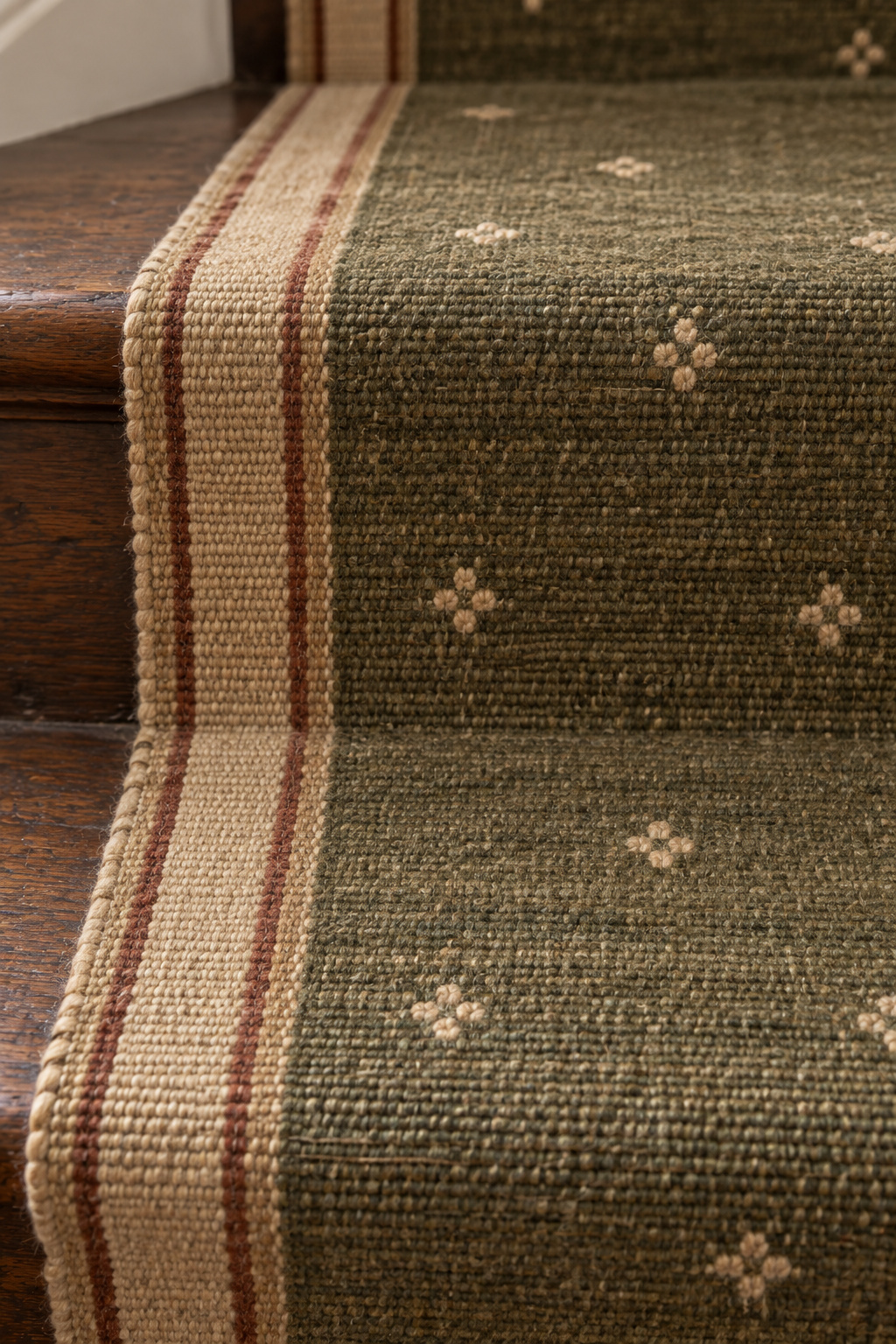 Olive green wool kilim runner with cream motifs and cream striped side borders, closeup view