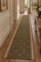 Olive green wool kilim runner with cream motifs and cream striped side borders, hallway view