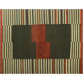 Olive green, rust and ivory striped block wool kilim rug, full view