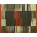 Olive green, rust and ivory striped block wool kilim rug, full view