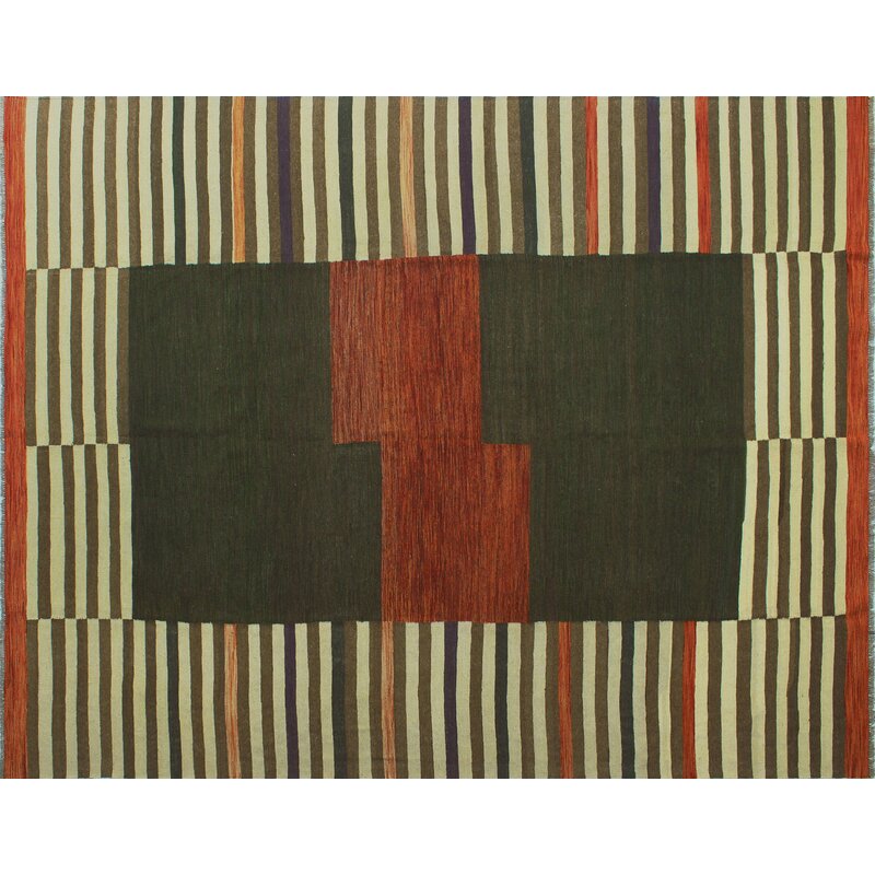 Olive green, rust and ivory striped block wool kilim rug, full view