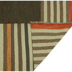 Front and reverse detail of olive and rust striped wool kilim rug