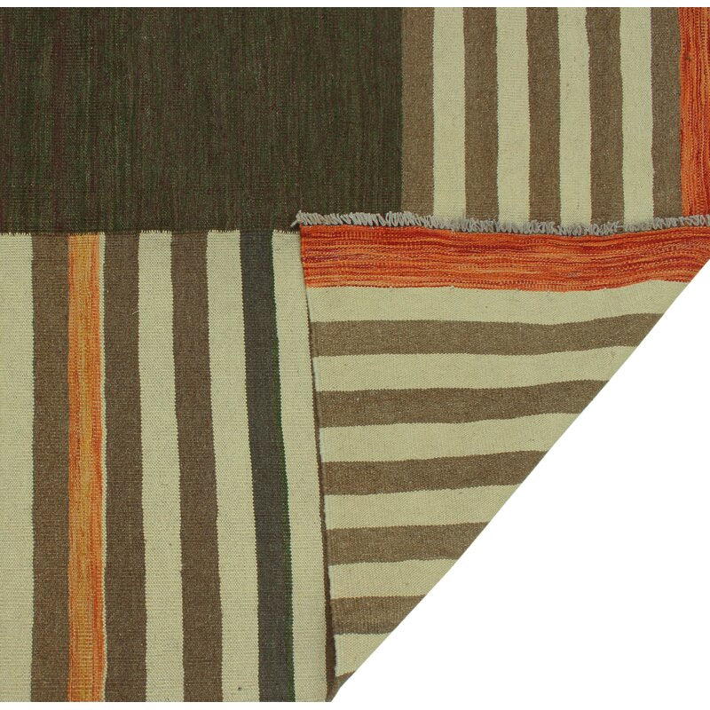 Front and reverse detail of olive and rust striped wool kilim rug