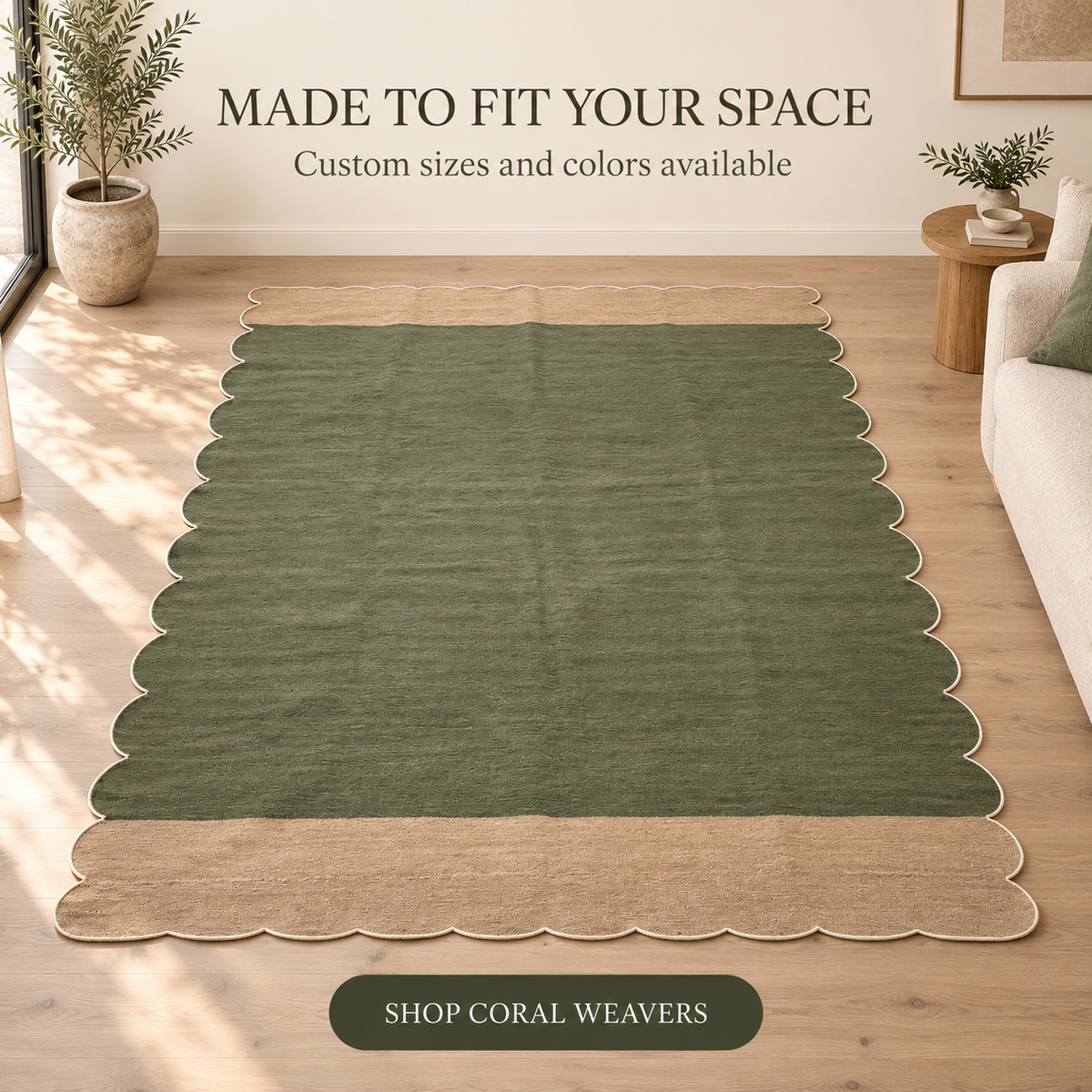 Olive green scalloped wool rug available in custom sizes