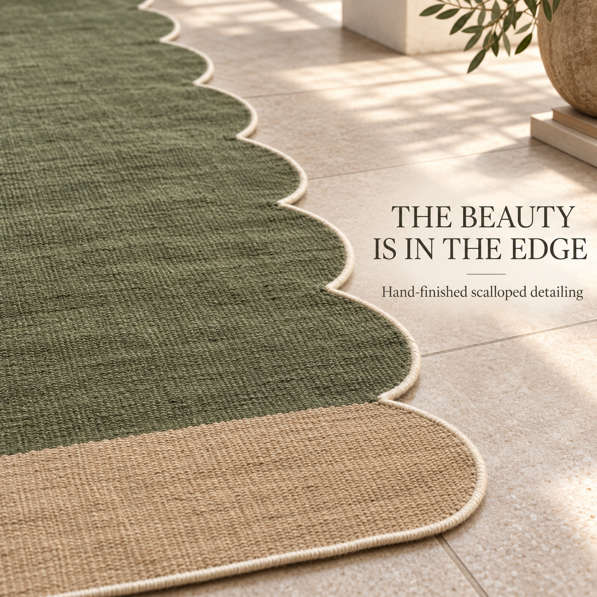 Close-up of hand-finished scalloped edge on olive wool rug