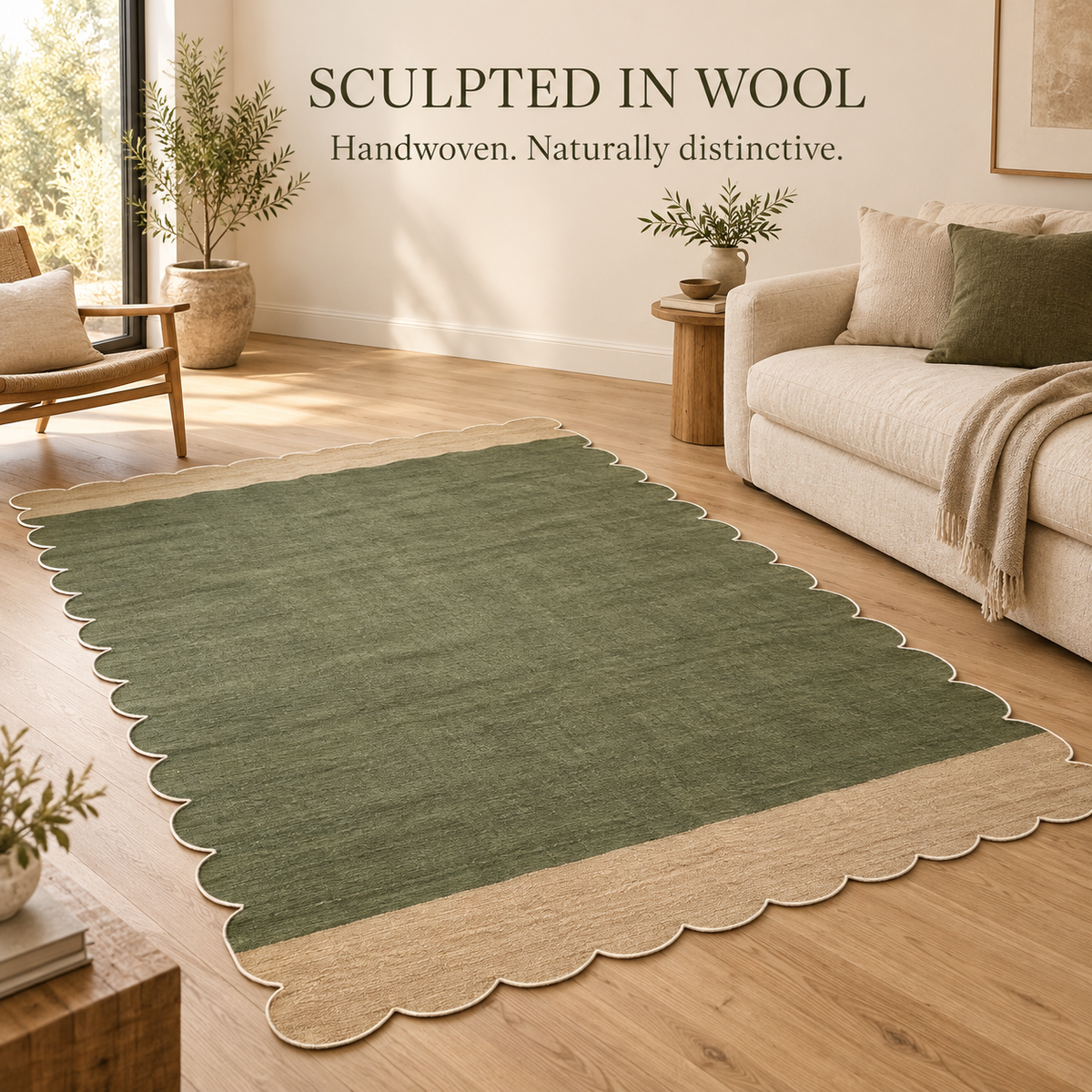 Olive green and beige scalloped handwoven wool rug in a modern living room