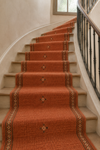 Rust burgundy and mustard tribal wool kilim runner installed on a curved staircase