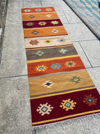 Rust burgundy and mustard tribal handmade wool kilim runner