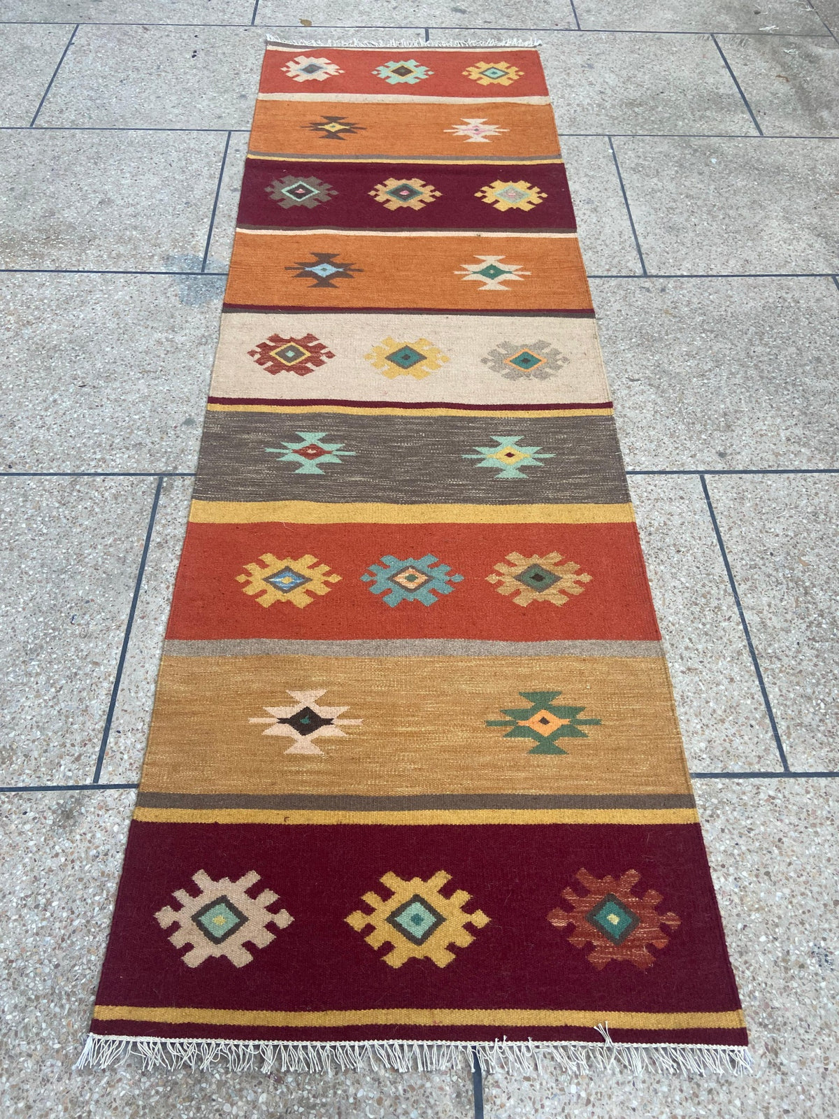 Rust burgundy and mustard tribal handmade wool kilim runner – view 2