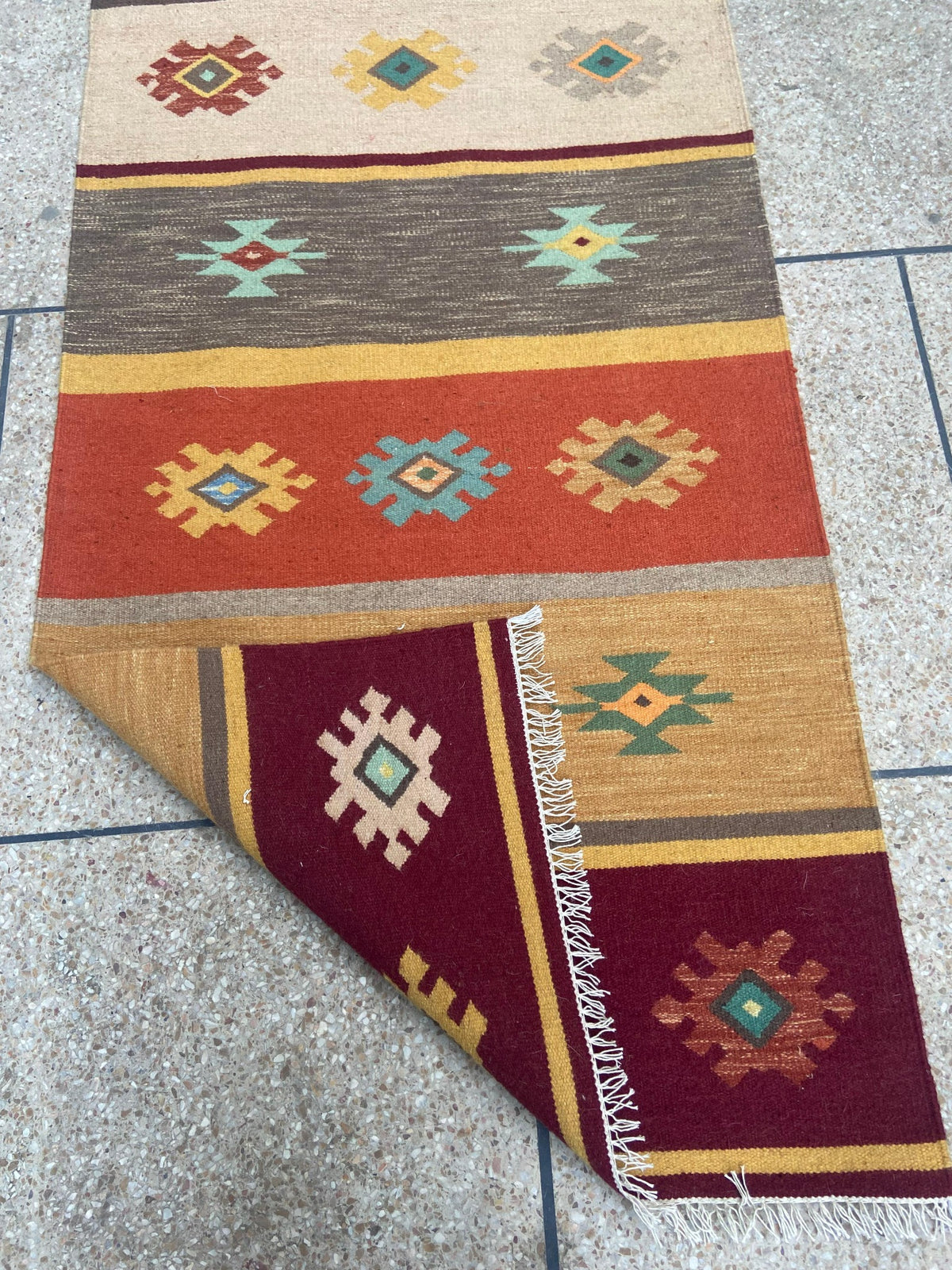 Rust burgundy and mustard tribal handmade wool kilim runner – view 3