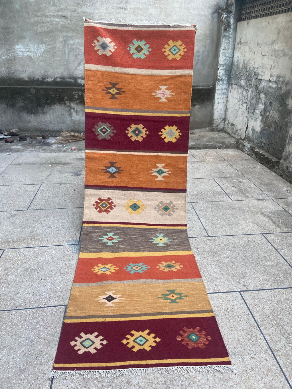 Rust burgundy and mustard tribal handmade wool kilim runner – view 7