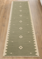 Full view of sage green and ivory geometric handwoven wool kilim runner