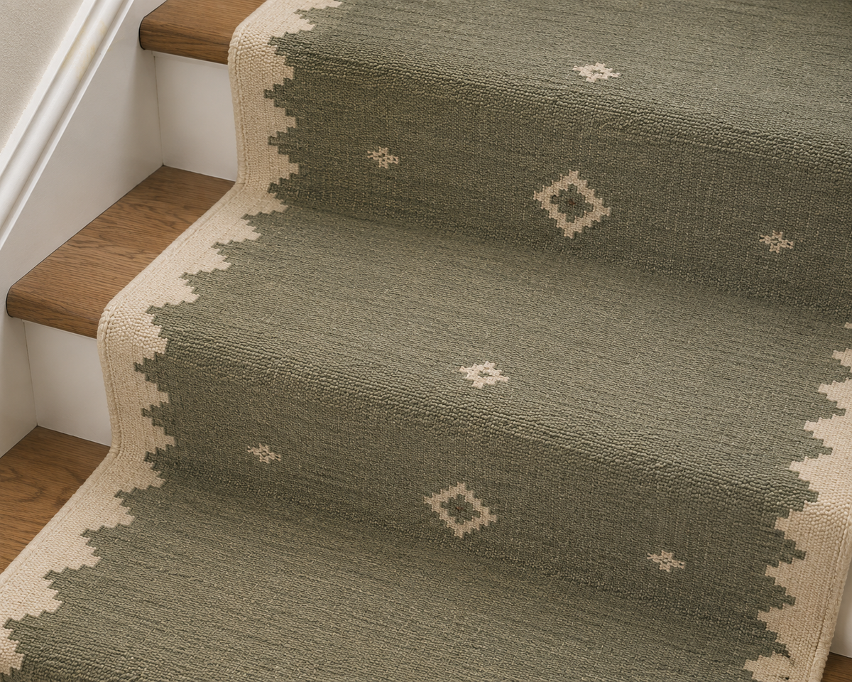 Close-up of sage green and ivory handwoven wool kilim stair runner