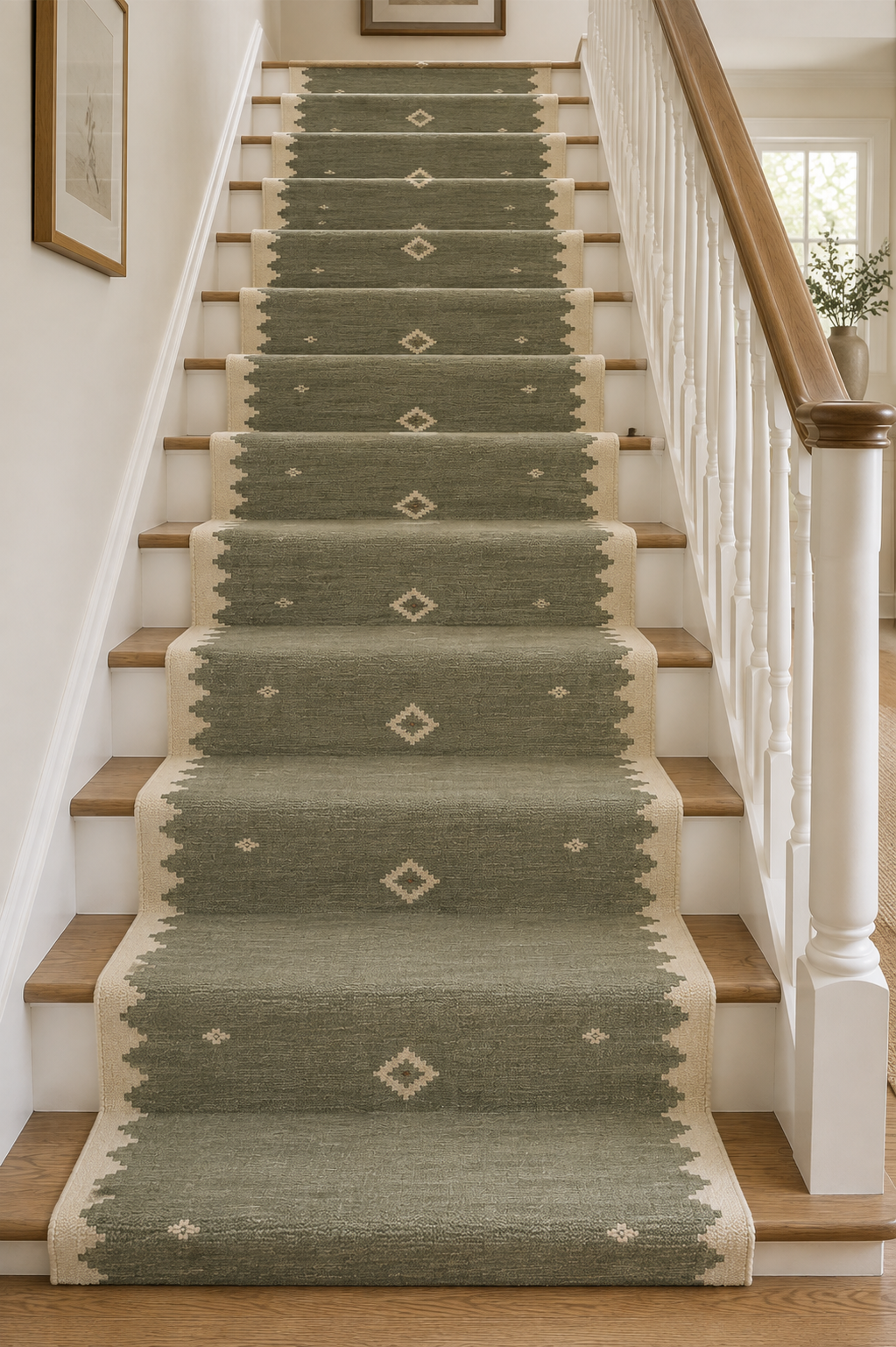 Sage green and ivory geometric wool kilim runner installed on a staircase