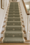 Sage green and ivory geometric wool kilim runner installed on a staircase