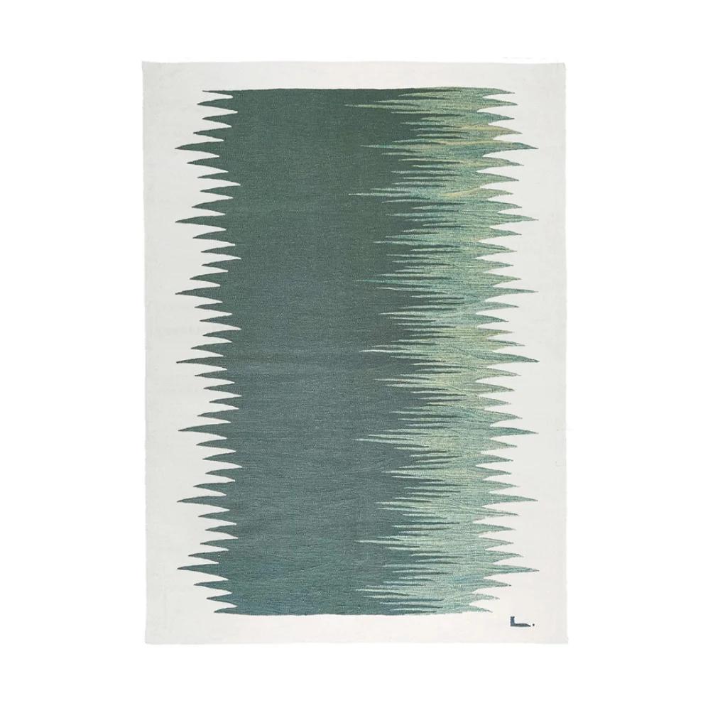 Sage green and ivory gradient wool kilim rug, full view