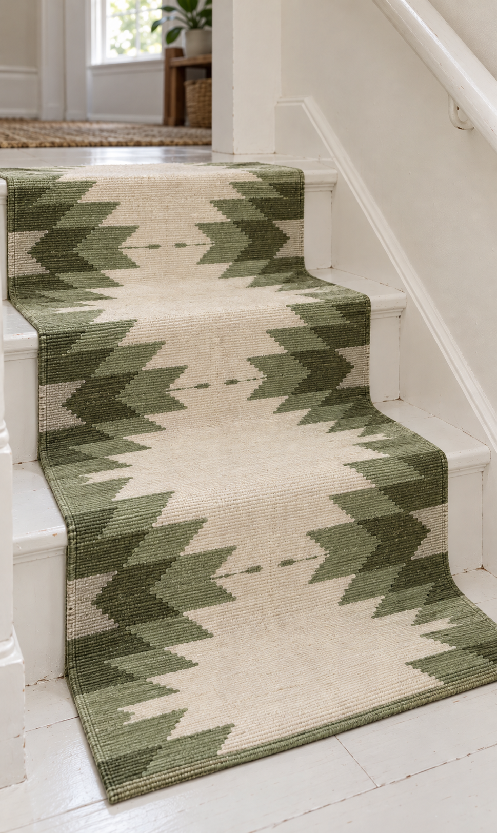 Sage Green & Ivory geometric wool stair runner on white stairs – closeup view, no fringes