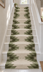 Sage Green & Ivory geometric wool stair runner on white stairs – front view, no fringes