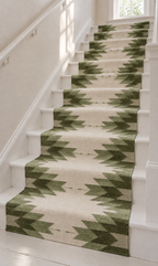Sage Green & Ivory geometric wool stair runner on white stairs – side view, no fringes