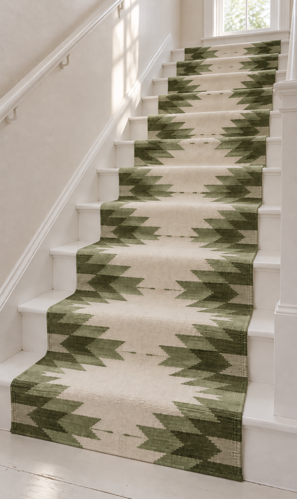 Sage Green & Ivory geometric wool stair runner on white stairs – side view, no fringes