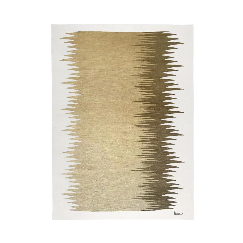 Sand beige and olive gradient wool kilim rug, full view