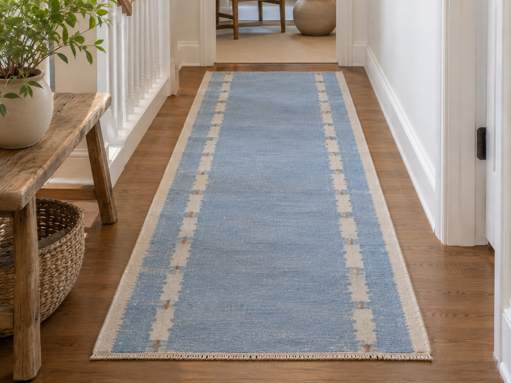 Sky blue and ivory geometric wool runner in a hallway