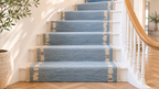 Sky blue and ivory handwoven runner on a curved staircase