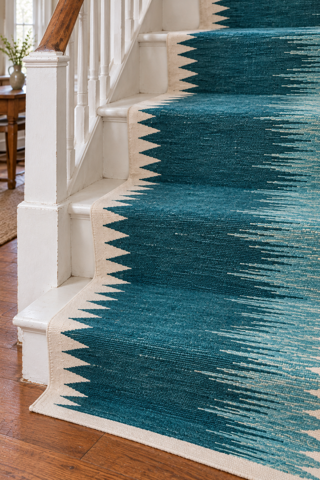 teal and ivory sawtooth wool stair runner – closeup view, no fringes