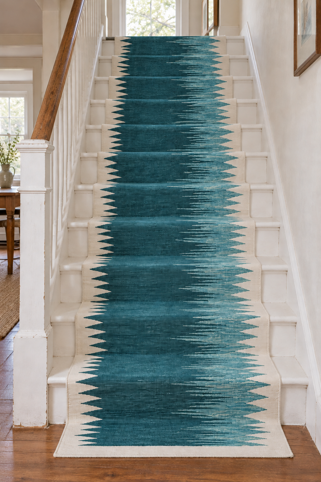 teal and ivory sawtooth wool stair runner – front view, no fringes