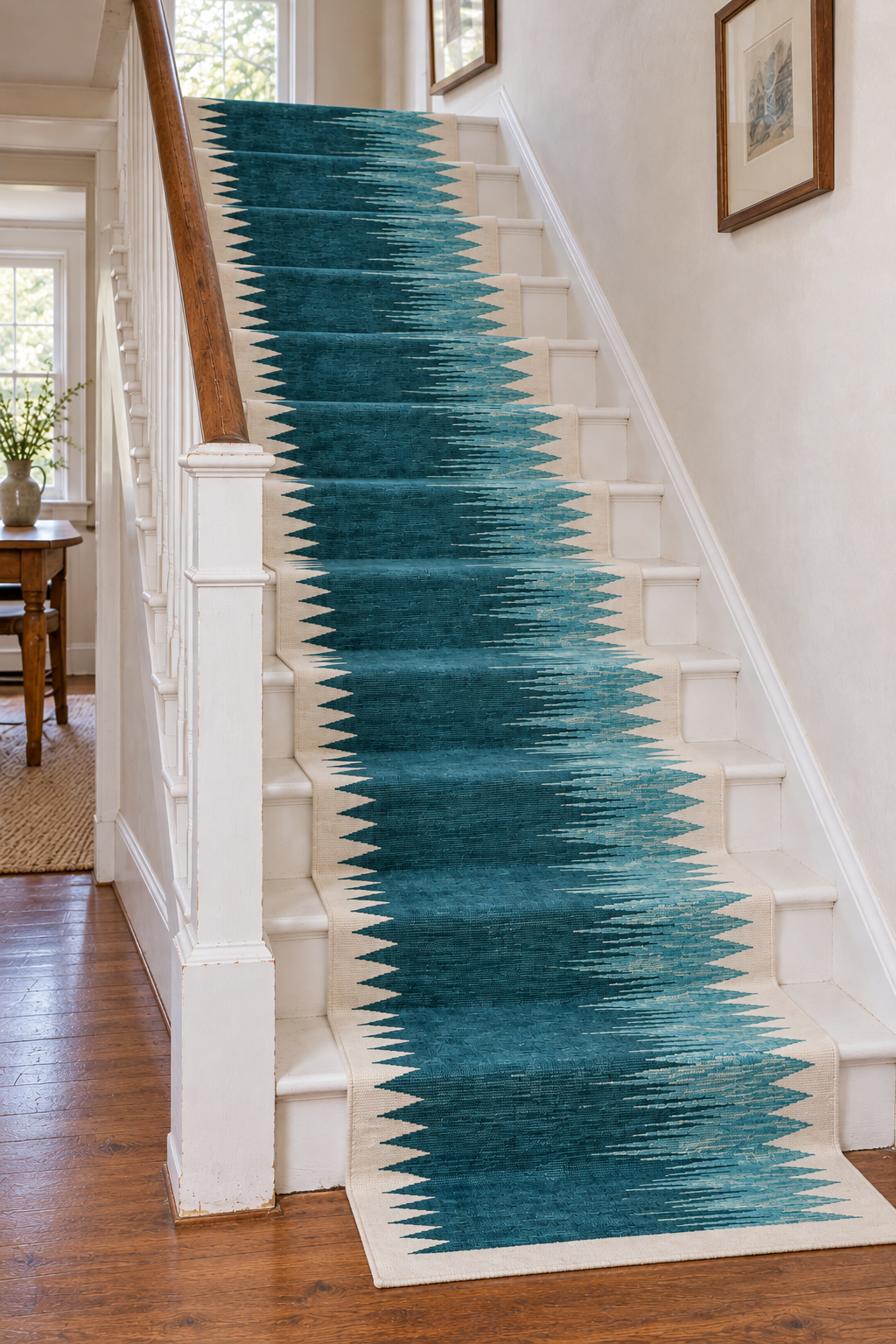 teal and ivory sawtooth wool stair runner – side view, no fringes