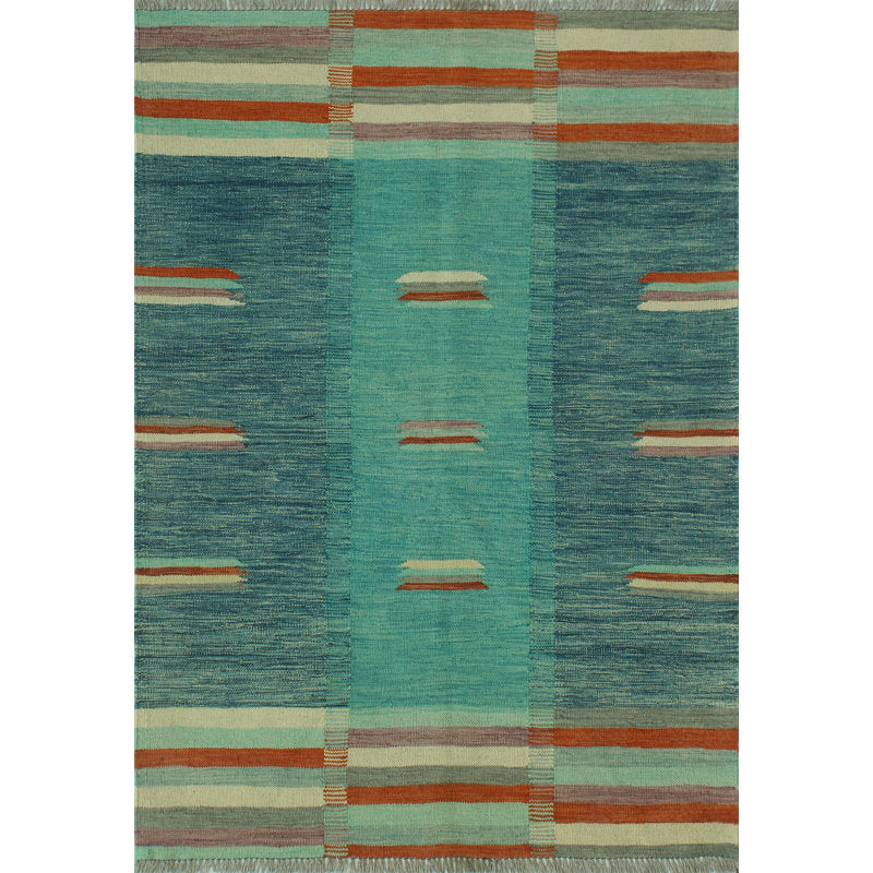 Teal blue, aqua and rust Southwestern wool kilim rug, full view