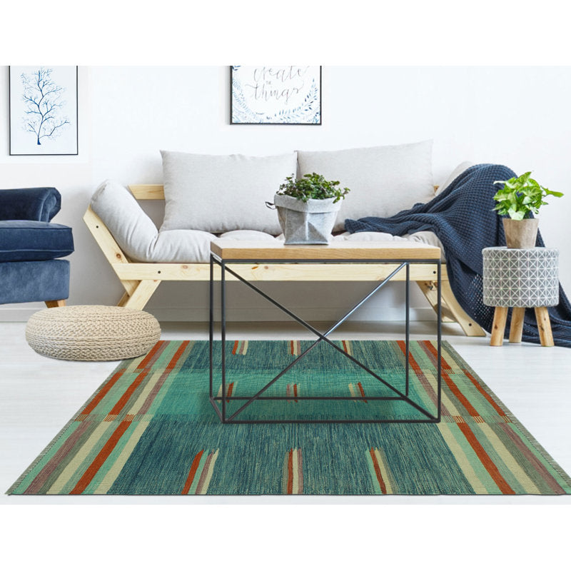 Teal blue, aqua and rust Southwestern wool kilim rug, detail 2