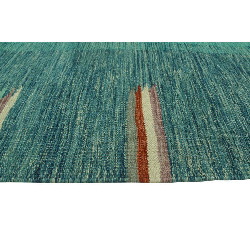 Teal blue, aqua and rust Southwestern wool kilim rug, detail 3