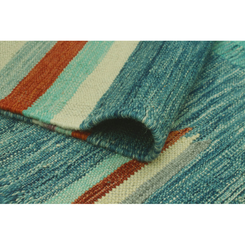 Teal blue, aqua and rust Southwestern wool kilim rug, detail 4