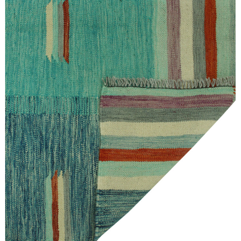 Teal blue, aqua and rust Southwestern wool kilim rug, detail 5