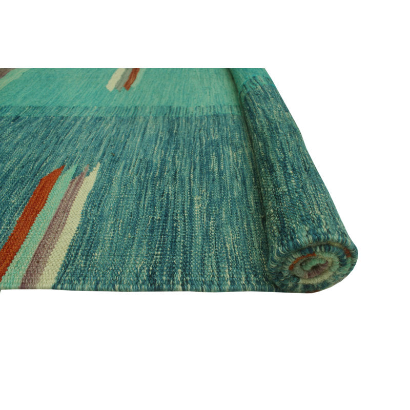 Teal blue, aqua and rust Southwestern wool kilim rug, detail 6